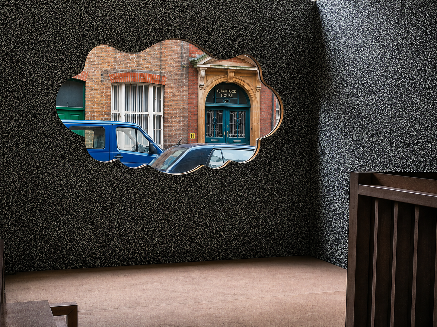 Pathological Form — Virtual Pulp, interior view through aperture to the street
